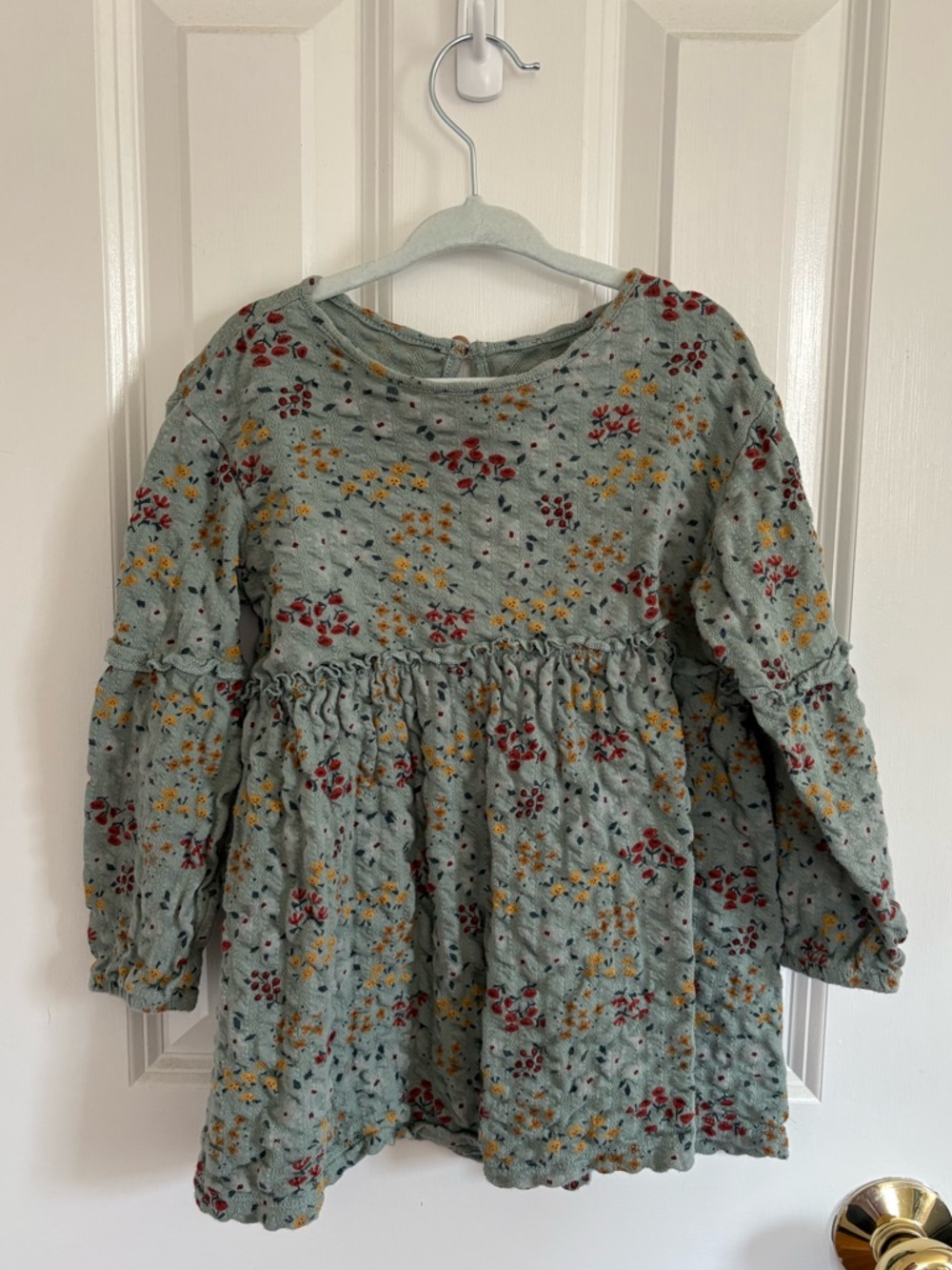 Girls' Floral Long-Sleeve Ruffle-Waist Dress in Sage Green